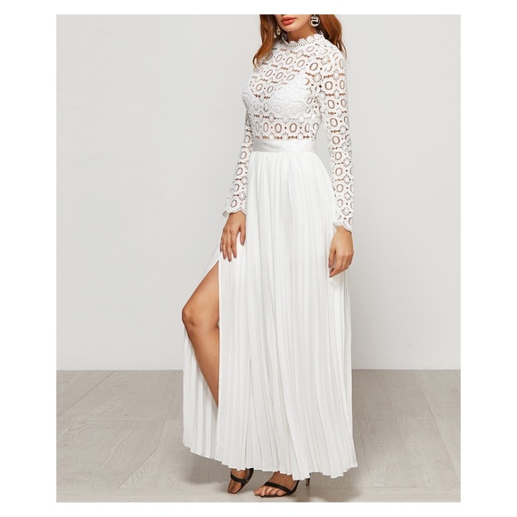 White Embroidered Top Pleated Maxi Dress - Picture 3 of 5